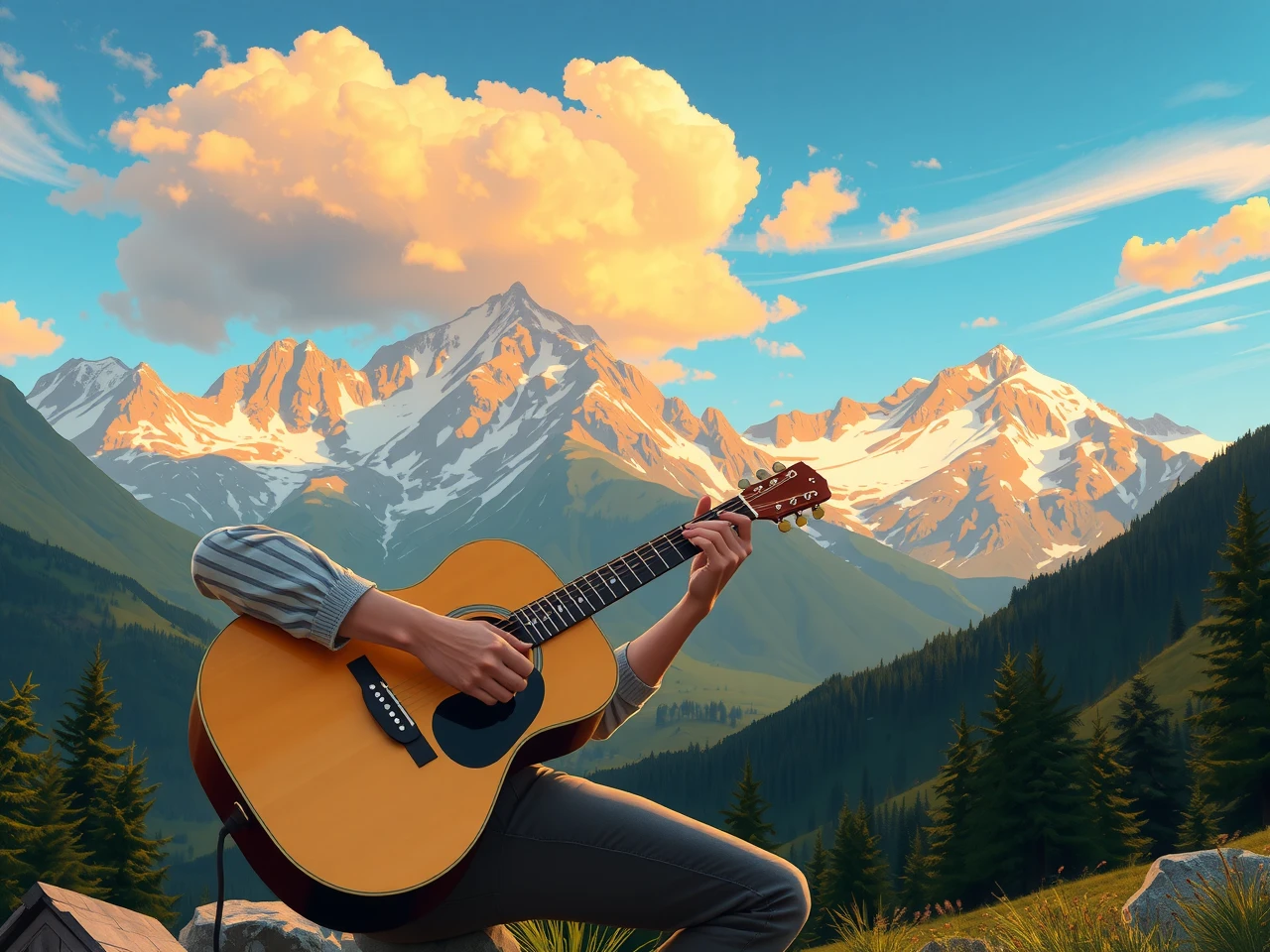 Persona che suona la chitarra con panorama svizzero